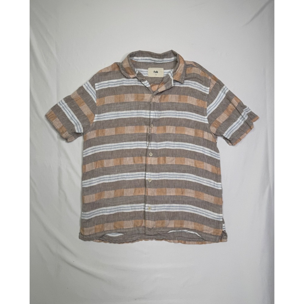 Folk Mens Short Sleeve Linen Cotton Striped Button Down Shirt Brown Tan Size M